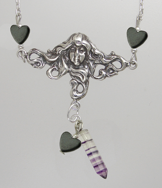 Sterling Silver Woman Maiden of the Gentle Heart Necklace With Fluorite And Black Heart